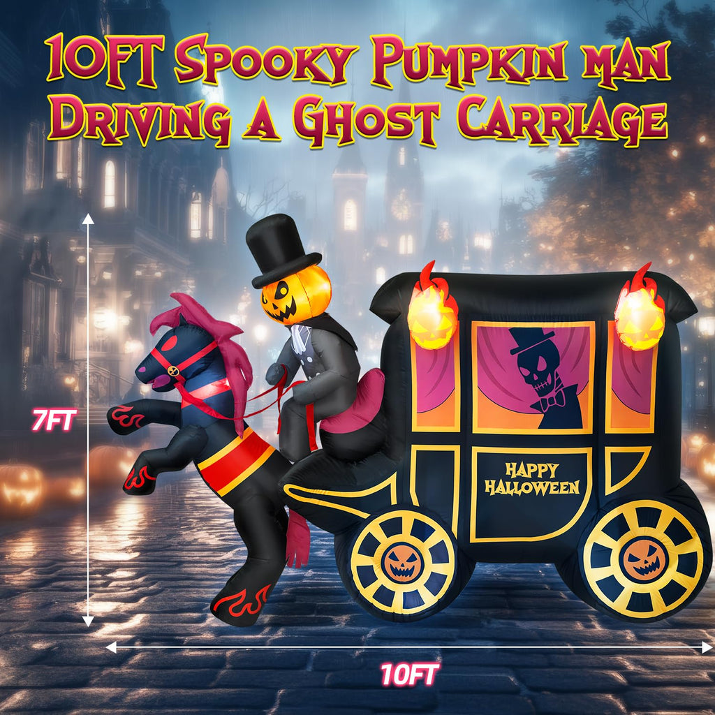 10FT Halloween Inflatable Pumpkin-Headed Horse Carriage with LED Light C9126