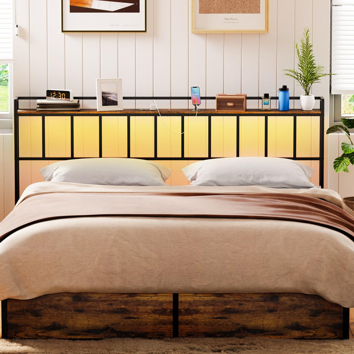 King Size Headboard with LED Light, Outlets and USB Ports, Storage Rack, Rustic Brown D154