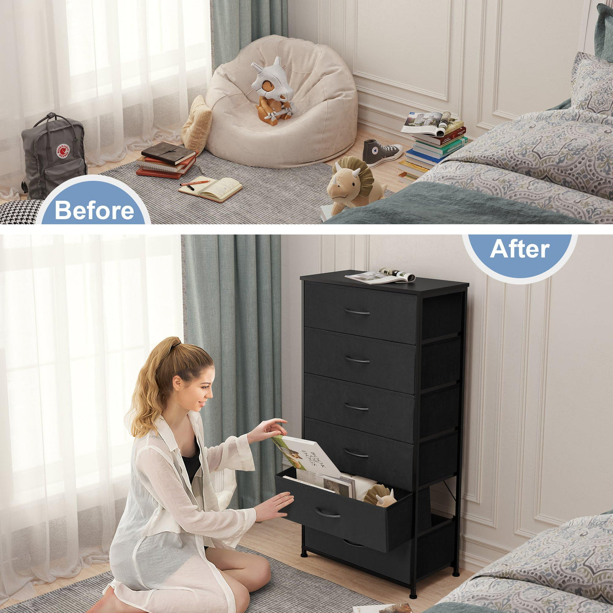 Black 6-Drawer Fabric Dresser O140434