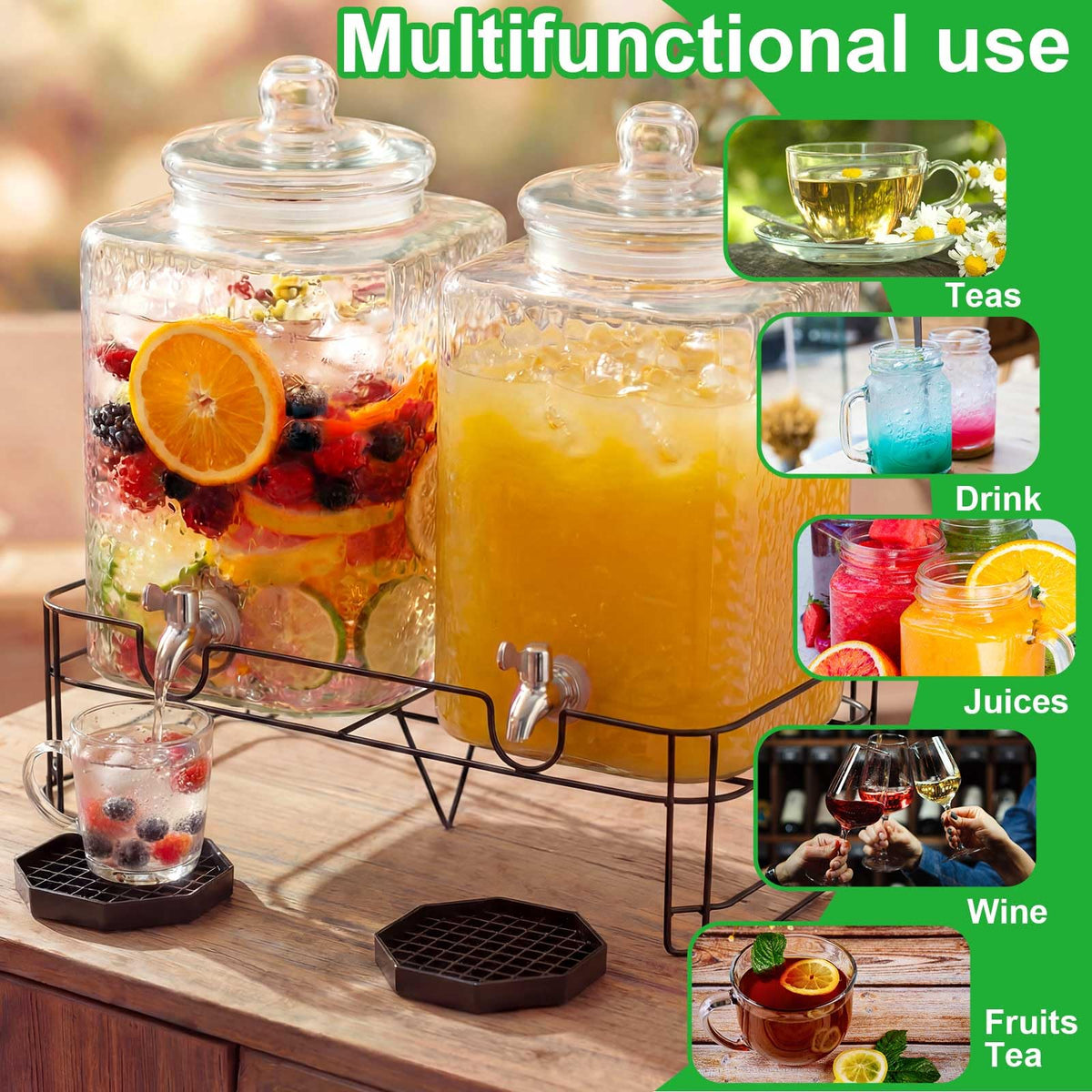2 Pack 5 Gallon Hammered Glass Drink Dispenser with Stand R14760