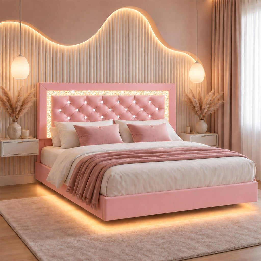 Pink Full Floating Bed Frame with LED Lights and Diamond Headboard K5980