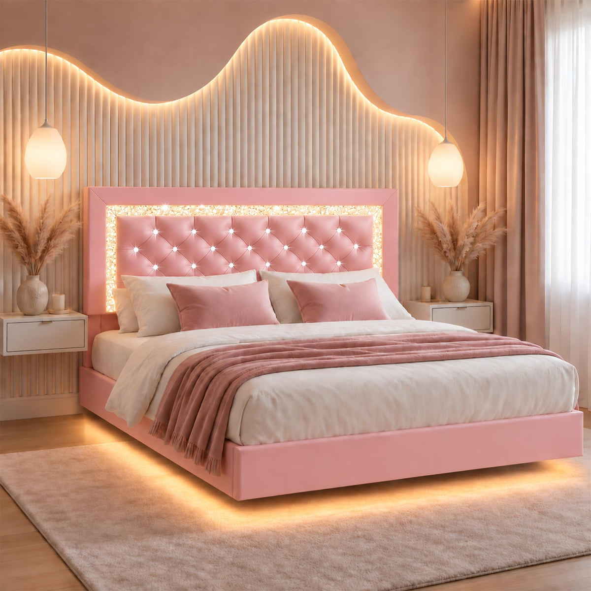 Pink Full Floating Bed Frame with LED Lights and Diamond Headboard K5980