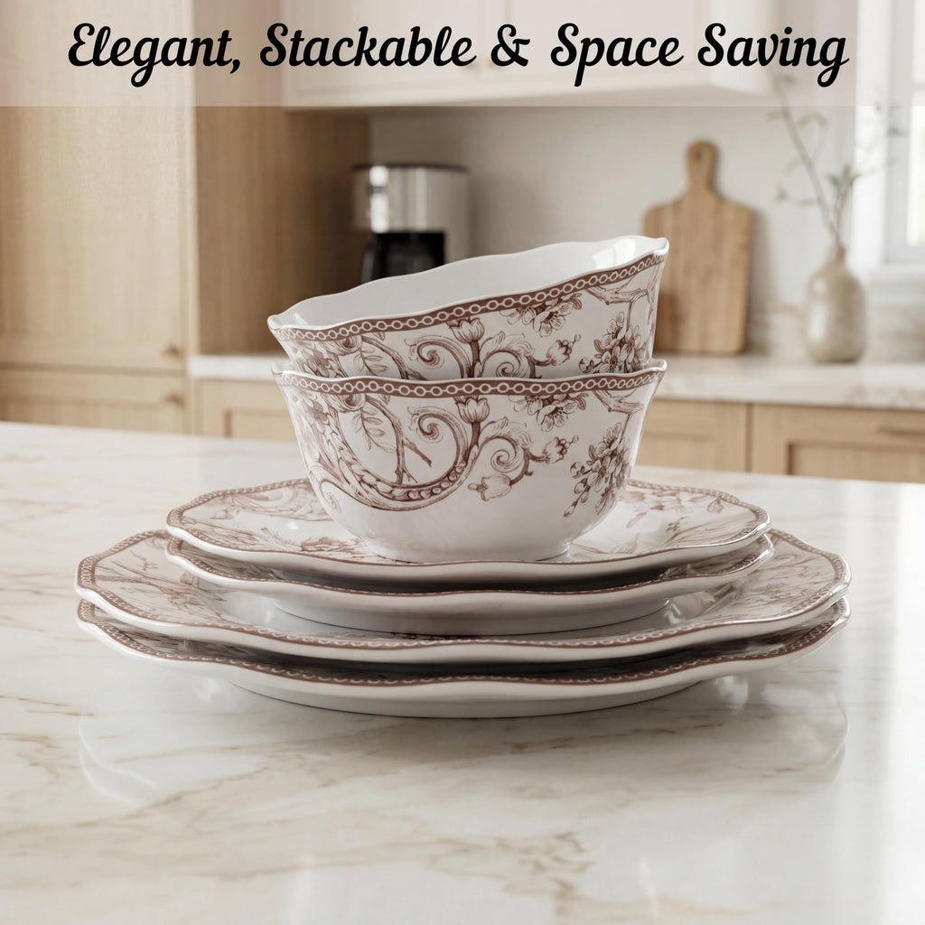Brown on White 12-Piece Porcelain Dinnerware Set J318413