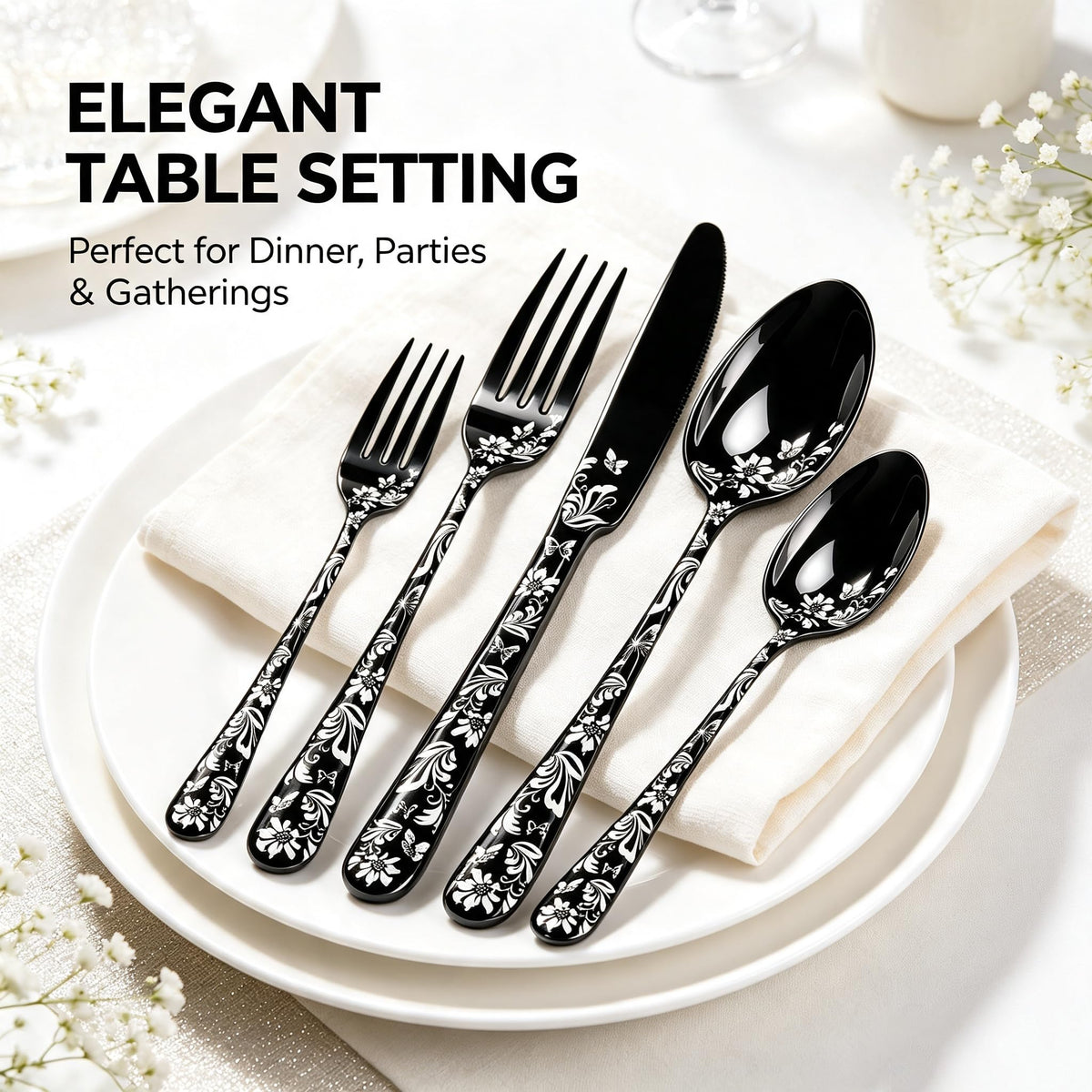 60 Piece White Floral Pattern Stainless Steel Silverware Set A62259