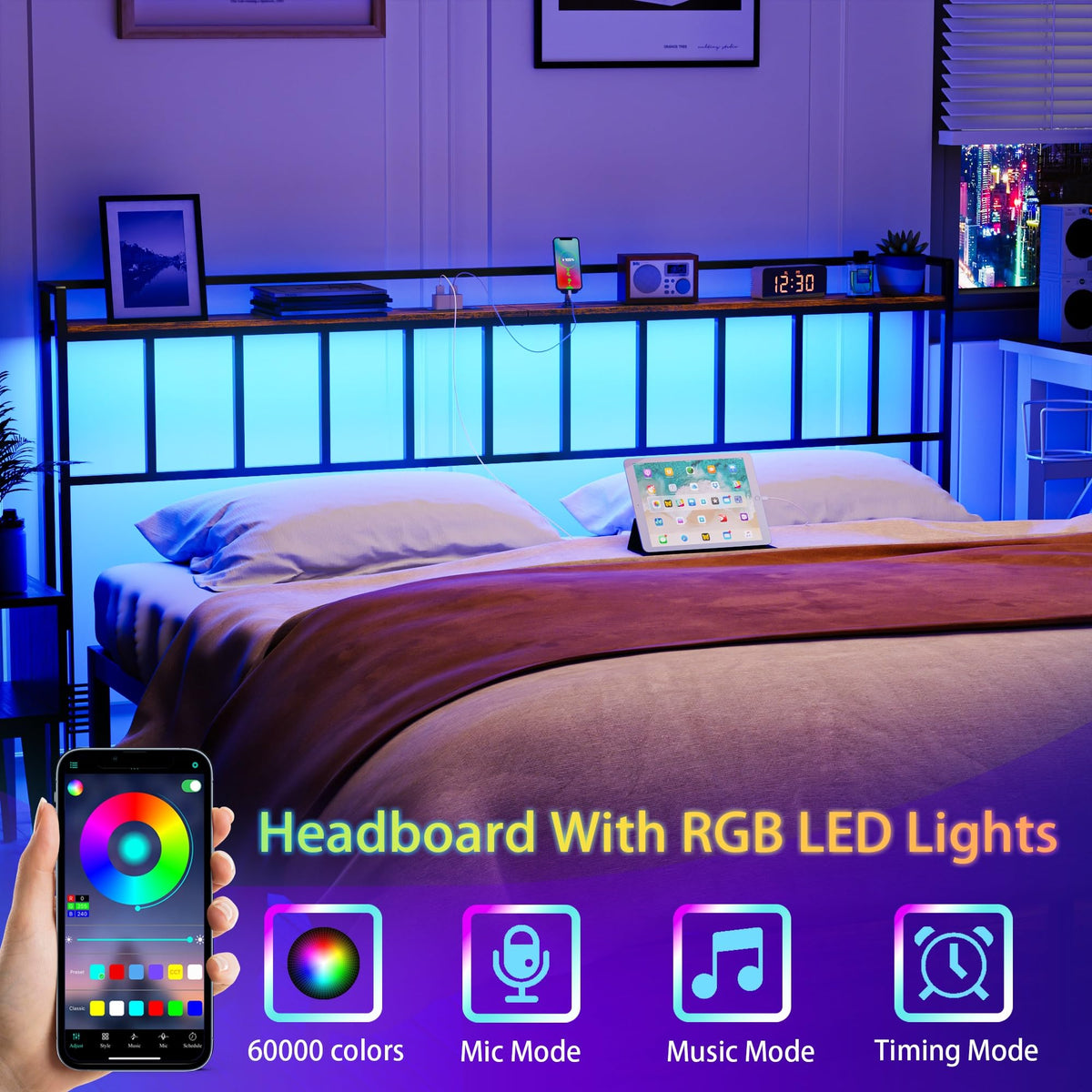 King Size Headboard with LED Light, Outlets and USB Ports, Storage Rack, Rustic Brown D154