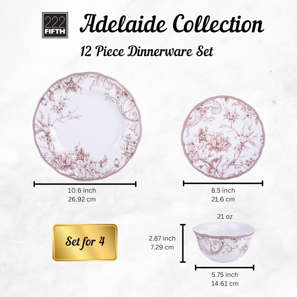 Brown on White 12-Piece Porcelain Dinnerware Set J318413