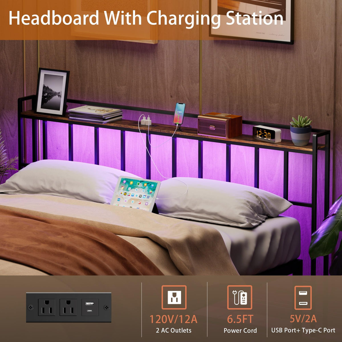 King Size Headboard with LED Light, Outlets and USB Ports, Storage Rack, Rustic Brown D154