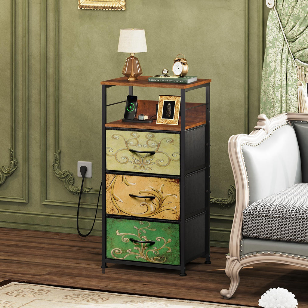 Night Stand with Charging Station, 3 Drawer Bedside Table B850