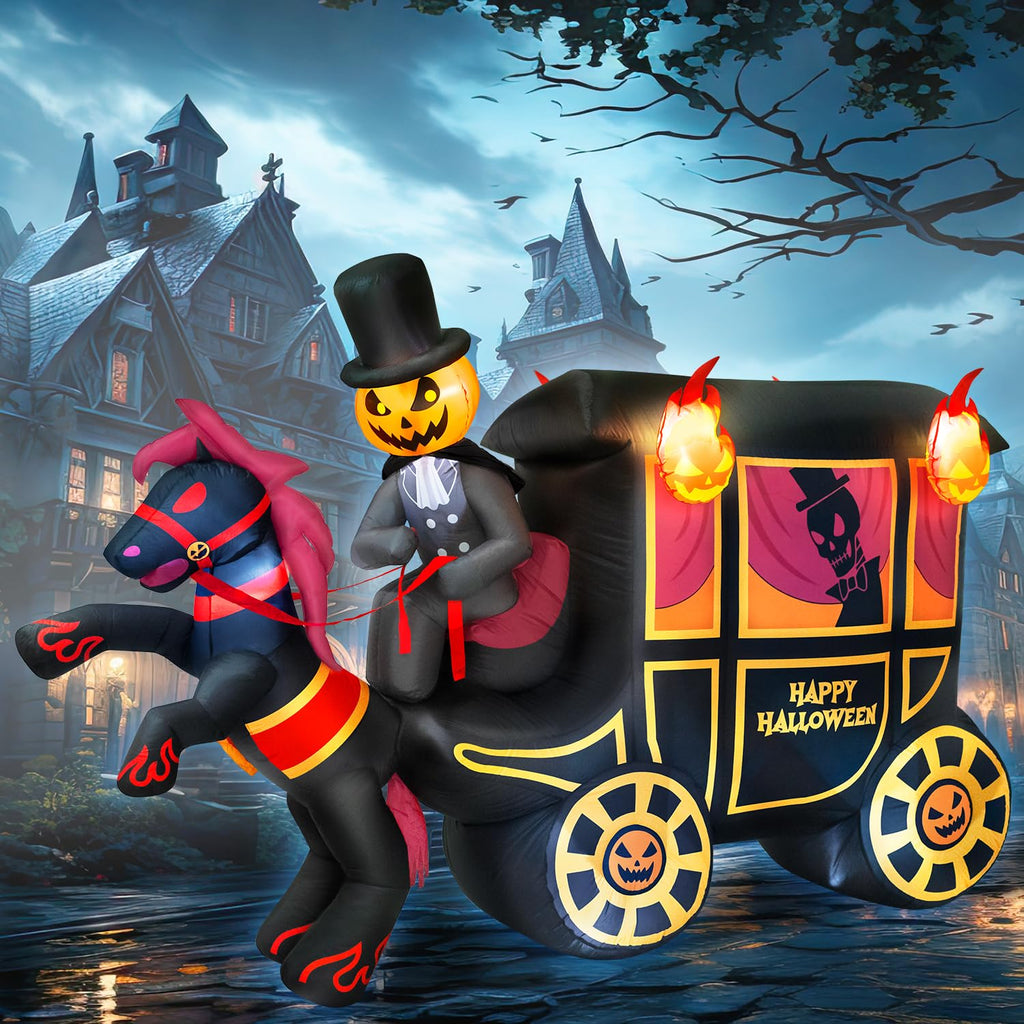10FT Halloween Inflatable Pumpkin-Headed Horse Carriage with LED Light C9126