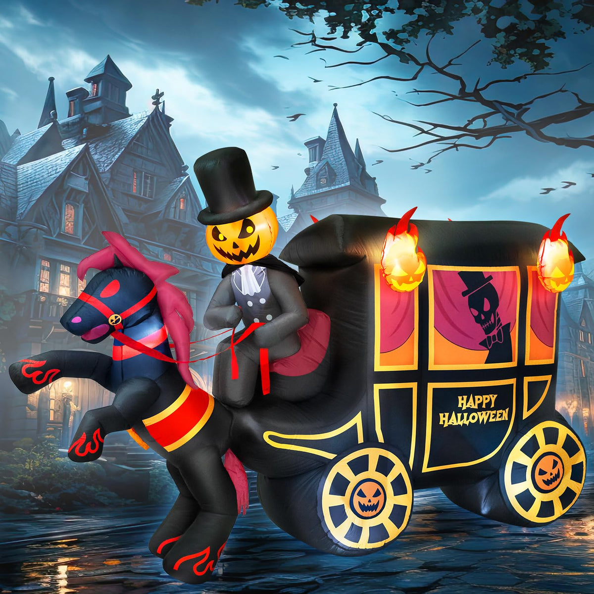 10FT Halloween Inflatable Pumpkin-Headed Horse Carriage with LED Light C9126