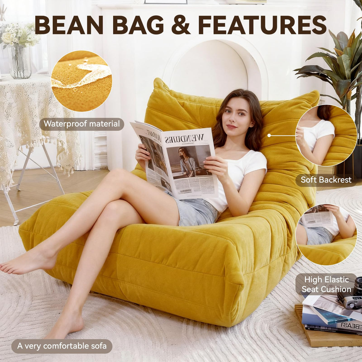 Yellow Memory Foam Bean Bag Chair K924649