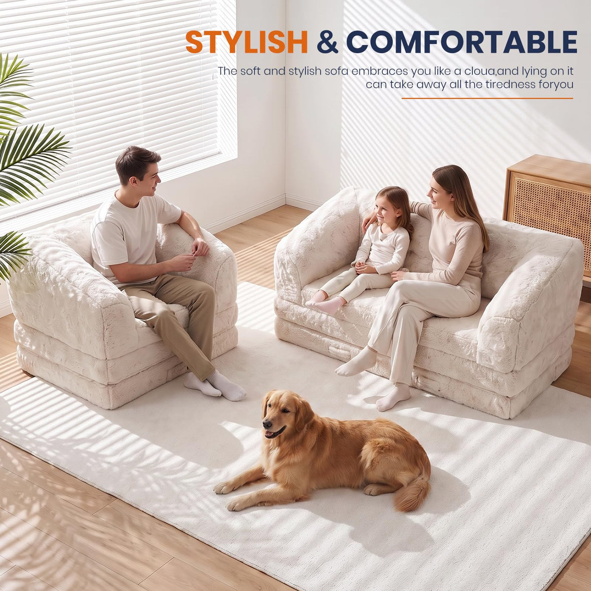 Convertible Folding Sofa Bed, 2 in 1 Portable Floor Couch & Foam Mattress with Handle, Space-Saving Faux Fur Futon Chair for Living Room, Bedroom, Guest Room (Loveseat, Beige) Q8507