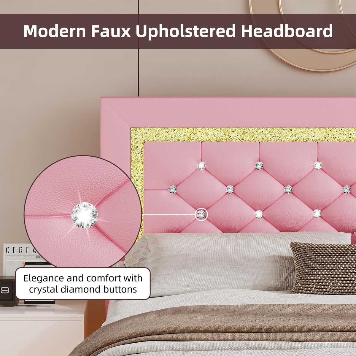 Pink Full Floating Bed Frame with LED Lights and Diamond Headboard K5980