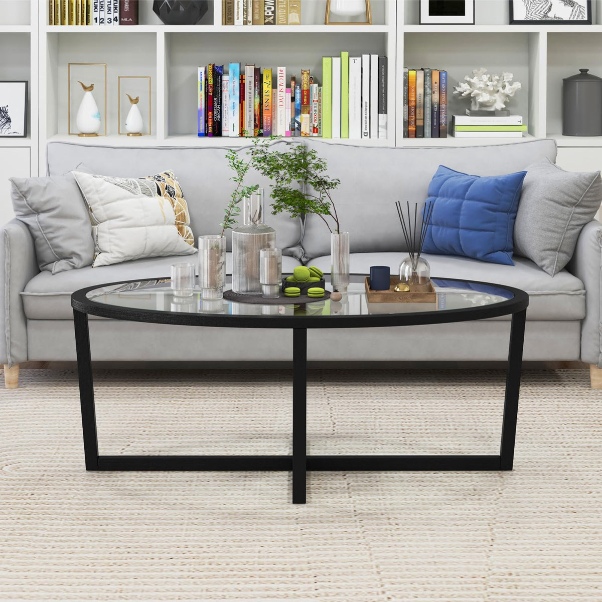 Black Oval Glass Coffee Table with Acacia Wood Legs J6194