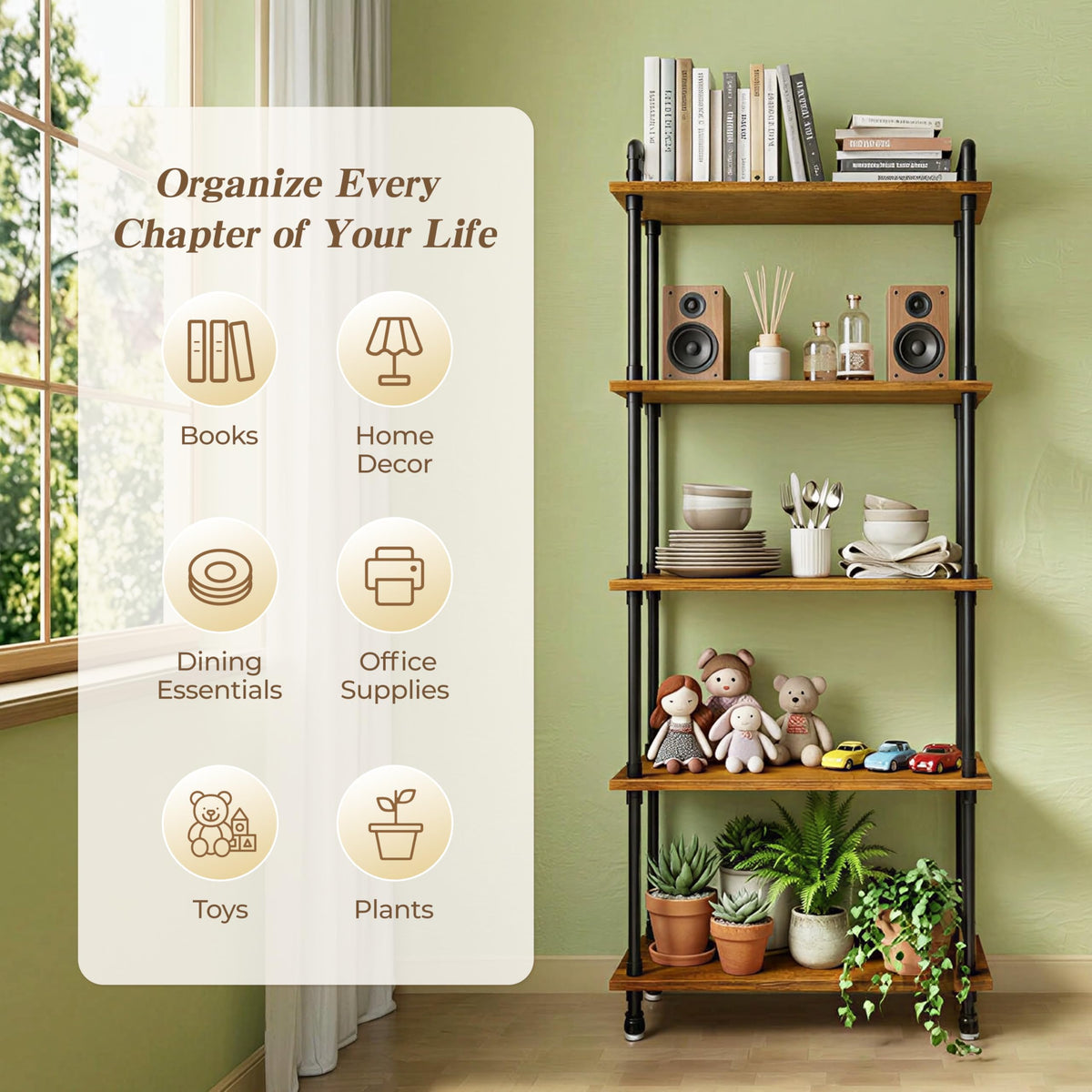 5 Tier Rustic Brown Bookshelf Q379