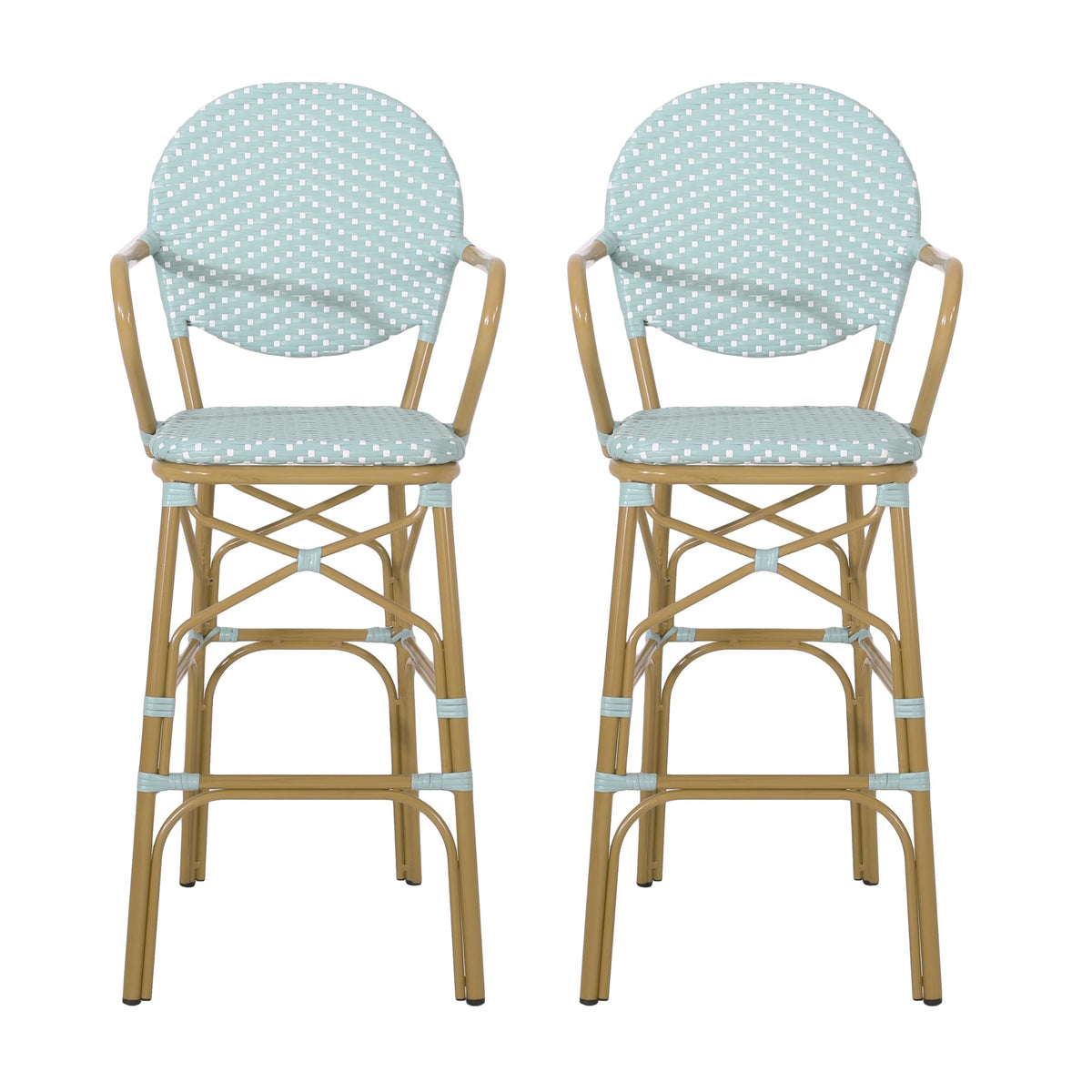 Teal Bamboo Print Wicker Aluminum Bar Stools Set of 2 W6140