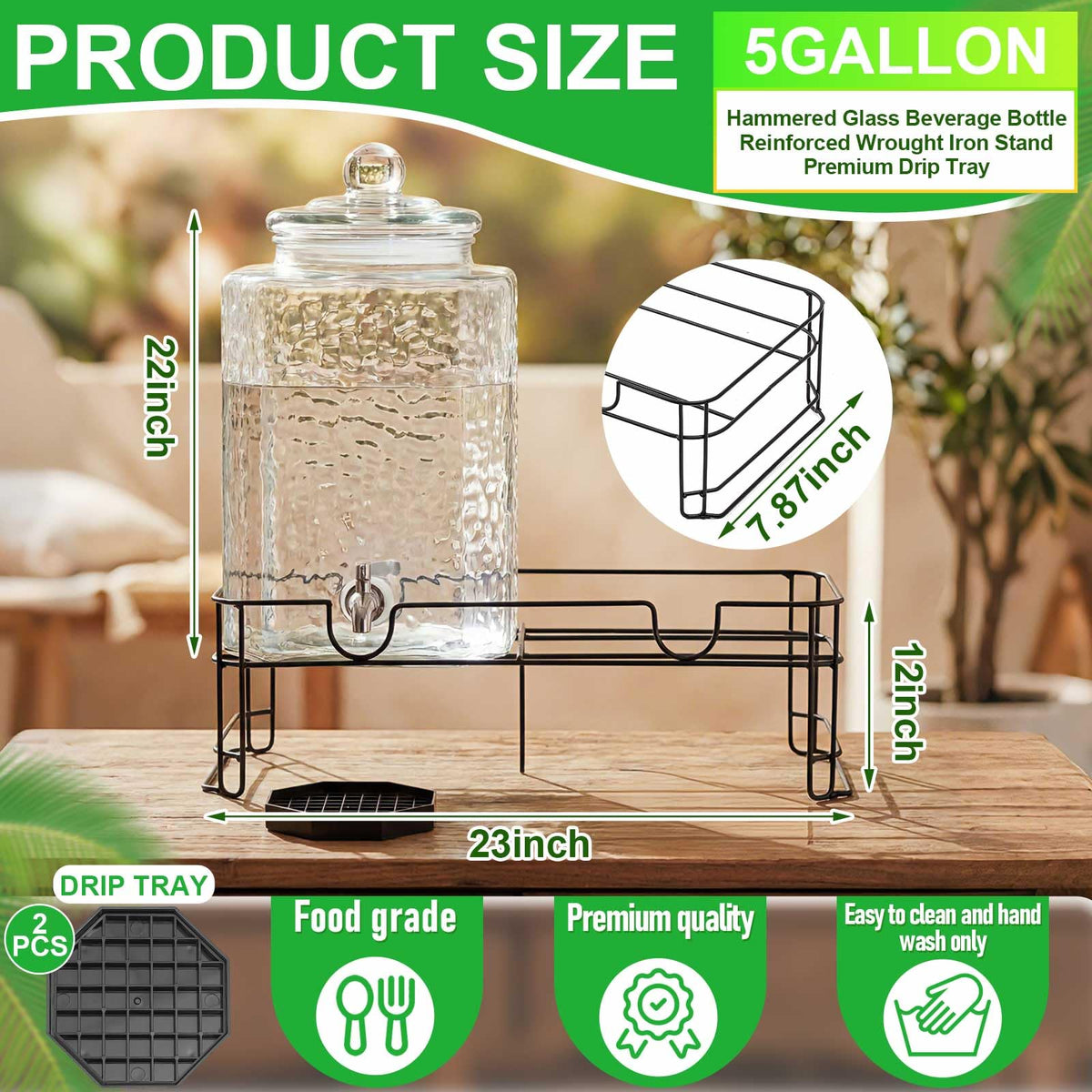 2 Pack 5 Gallon Hammered Glass Drink Dispenser with Stand R14760