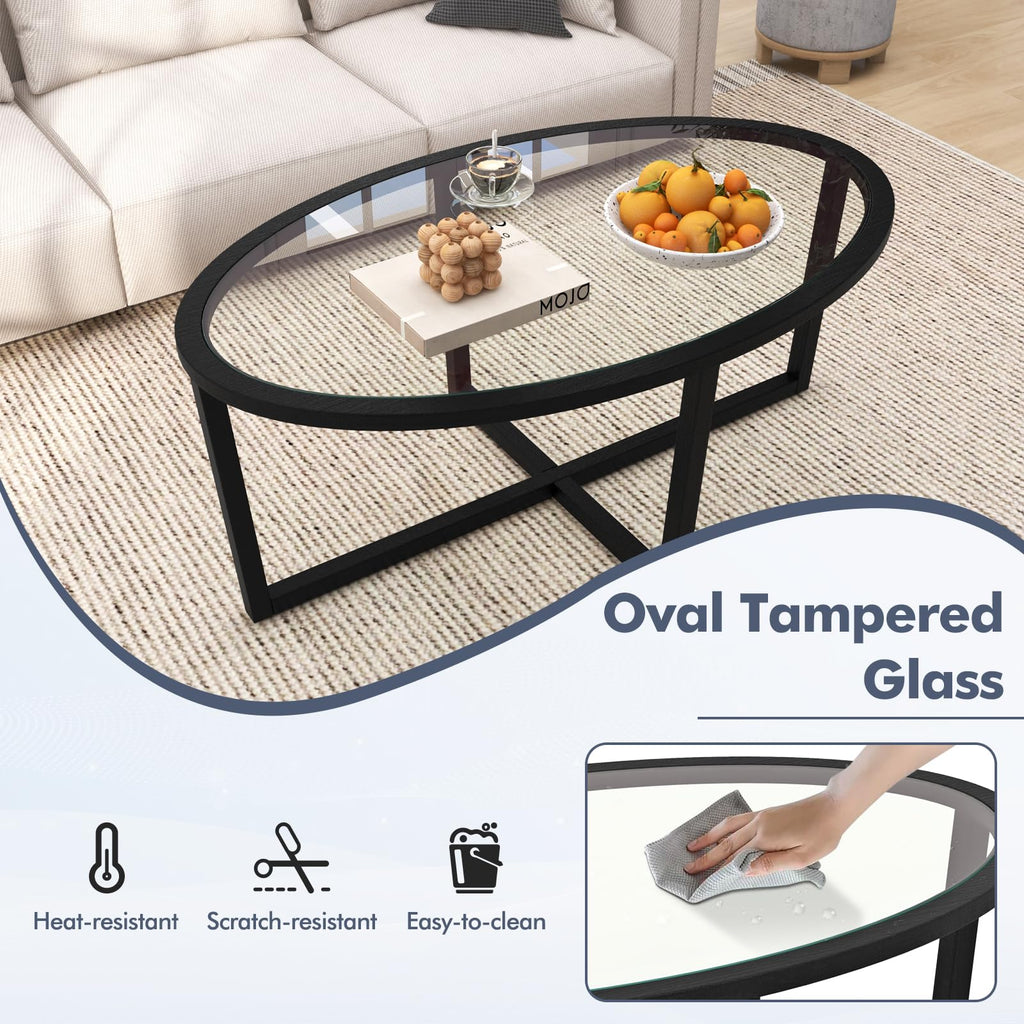 Black Oval Glass Coffee Table with Acacia Wood Legs J6194