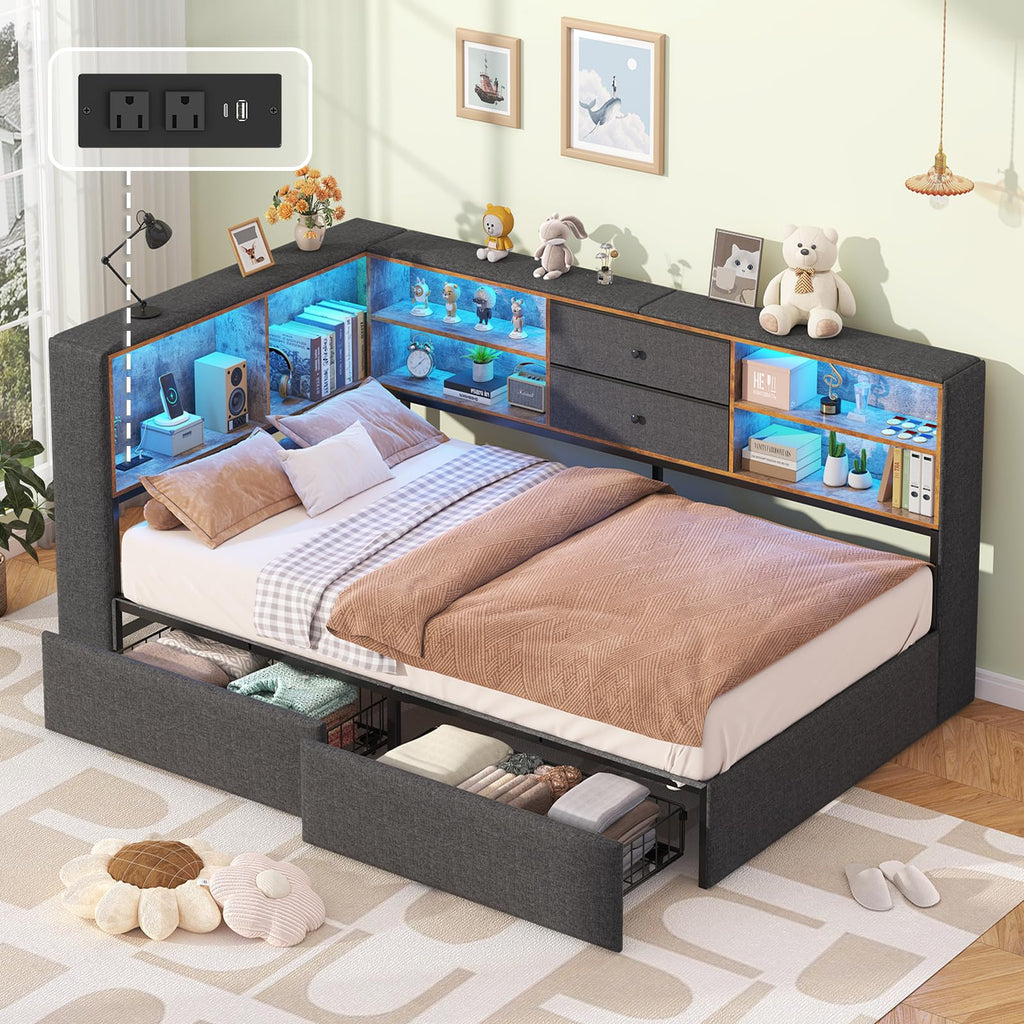 Twin Corner Bed Frame with Storage Drawers C309856