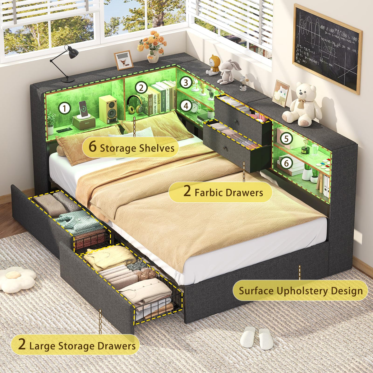 Twin Corner Bed Frame with Storage Drawers C309856