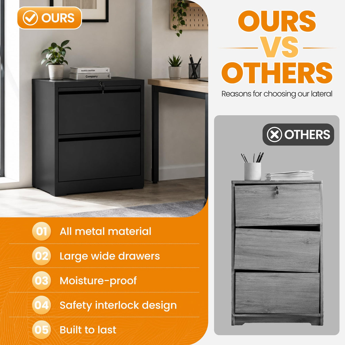 Black 2 Drawer Lateral File Cabinet with Lock C9826