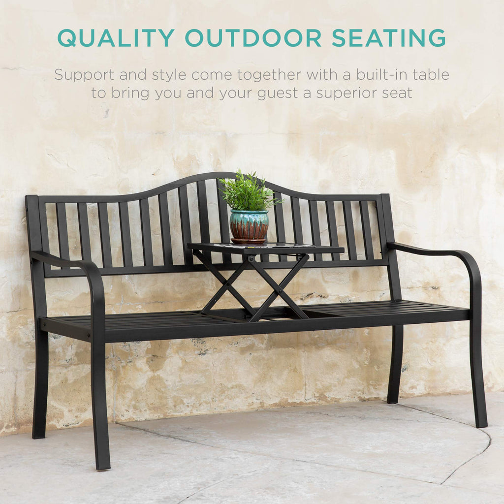 Black Steel Outdoor Garden Bench with Pullout Middle Table J103924