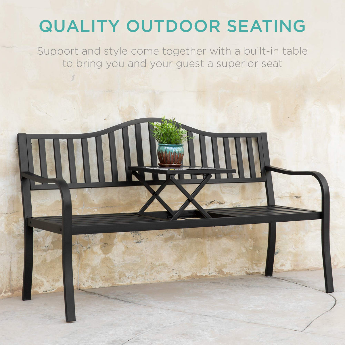 Black Steel Outdoor Garden Bench with Pullout Middle Table J103924