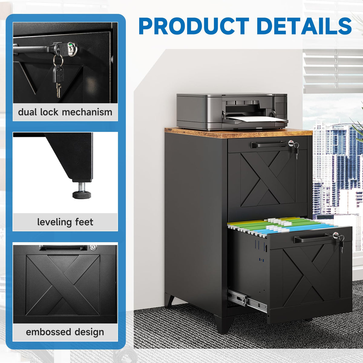 Black 2 Drawer Steel File Cabinet with Lock F776