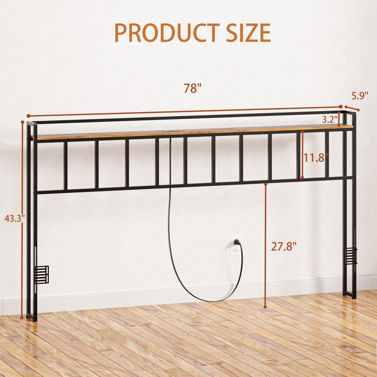 King Size Headboard with LED Light, Outlets and USB Ports, Storage Rack, Rustic Brown D154