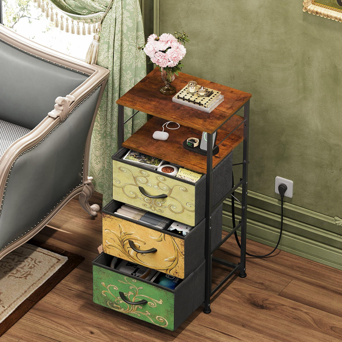 Night Stand with Charging Station, 3 Drawer Bedside Table B850