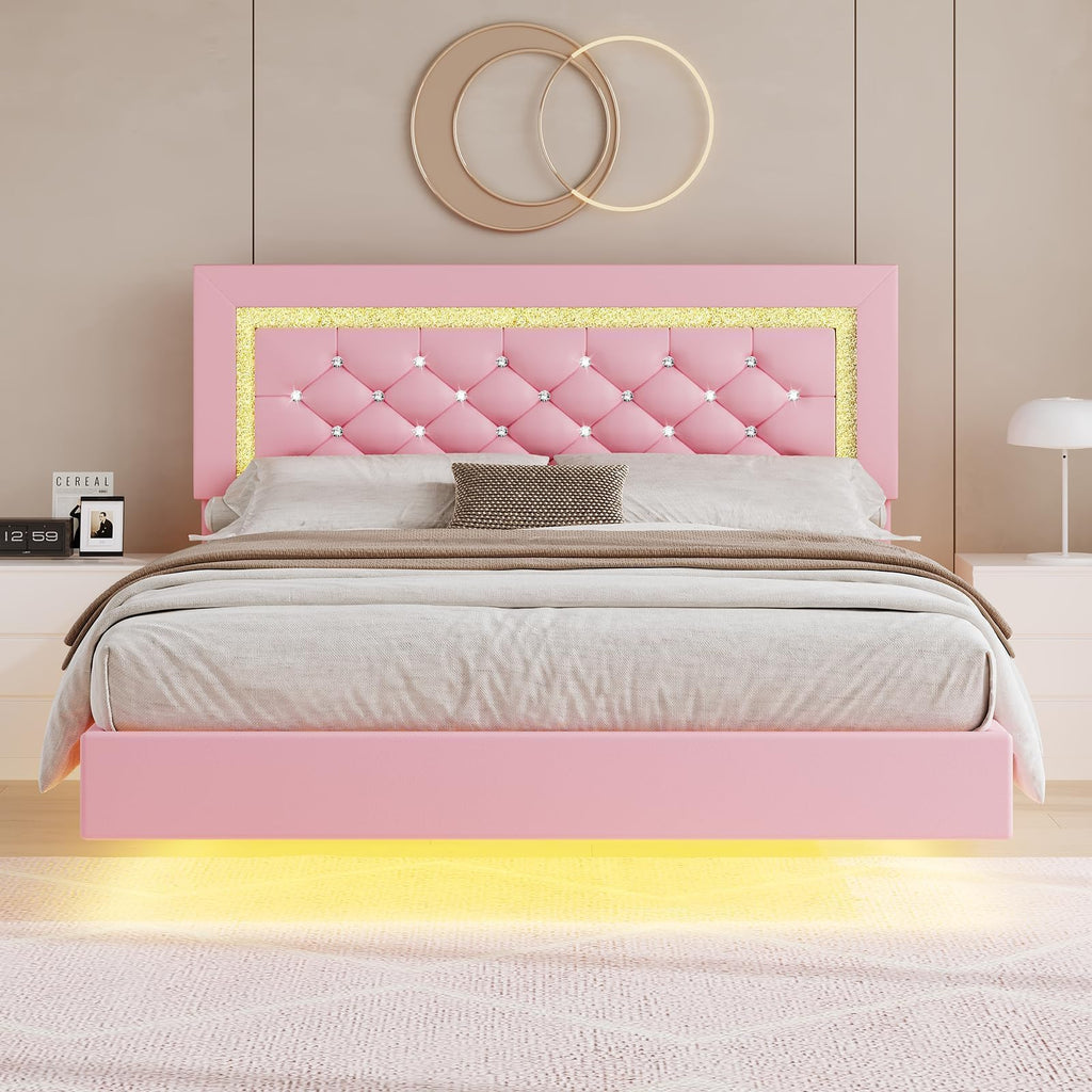 Pink Full Floating Bed Frame with LED Lights and Diamond Headboard K5980