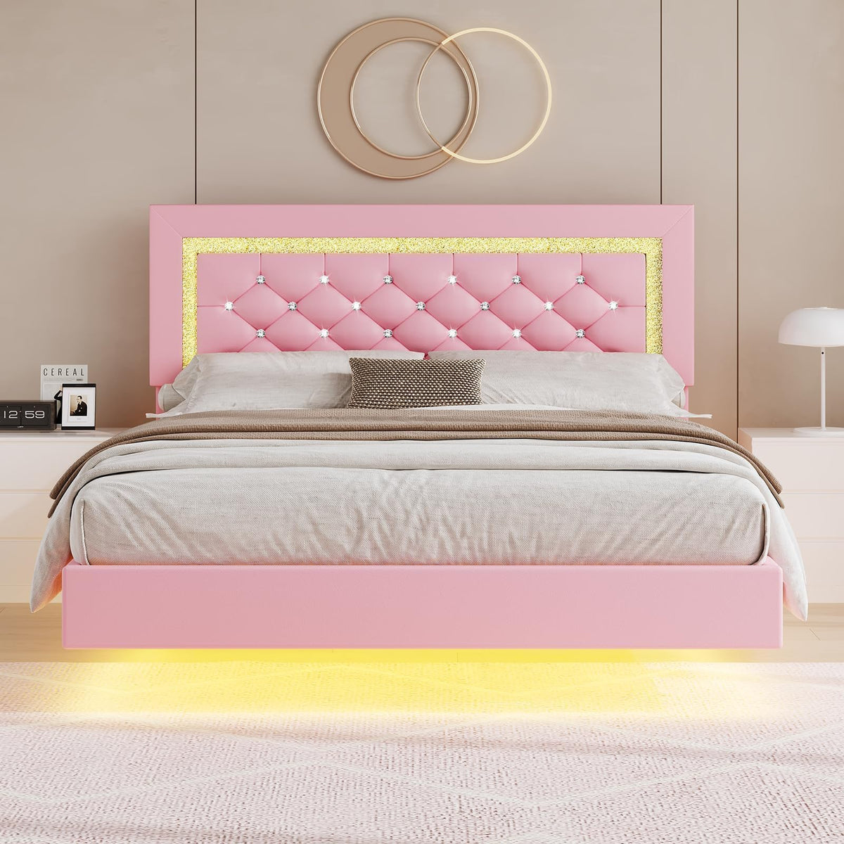 Pink Full Floating Bed Frame with LED Lights and Diamond Headboard K5980
