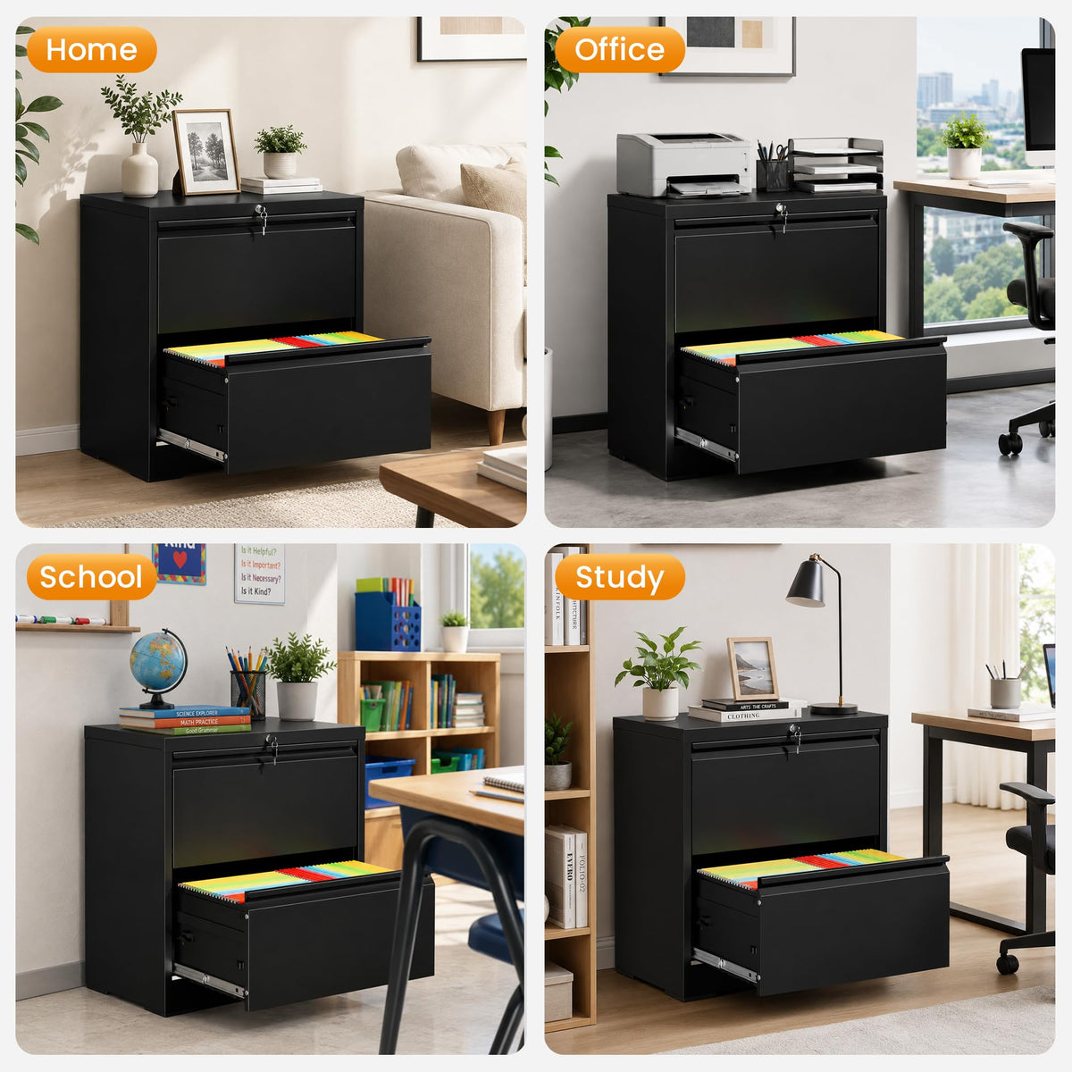 Black 2 Drawer Lateral File Cabinet with Lock C9826