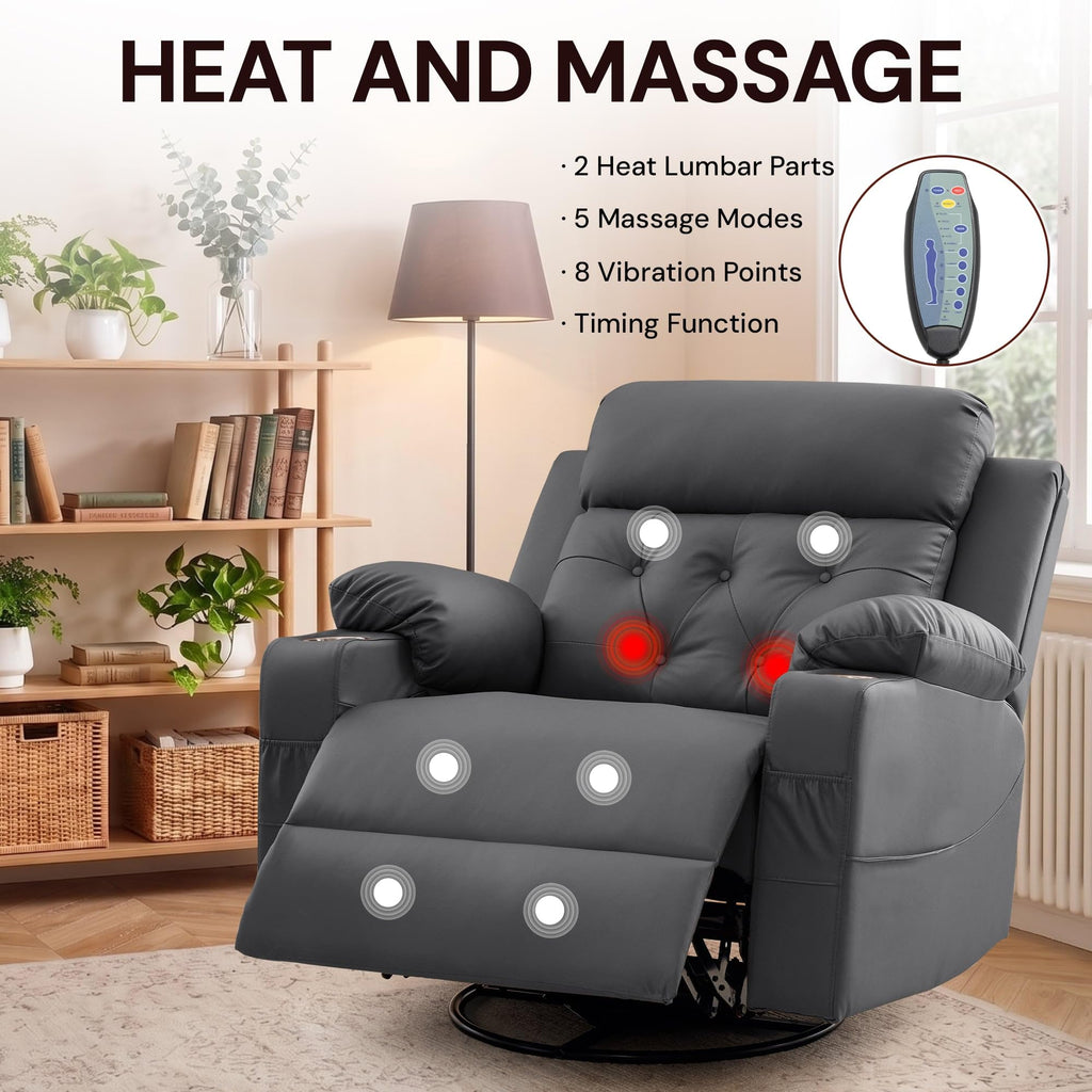 Oversized Swivel Rocker Recliner with Heat and Massage, Faux Leather, Grey V881