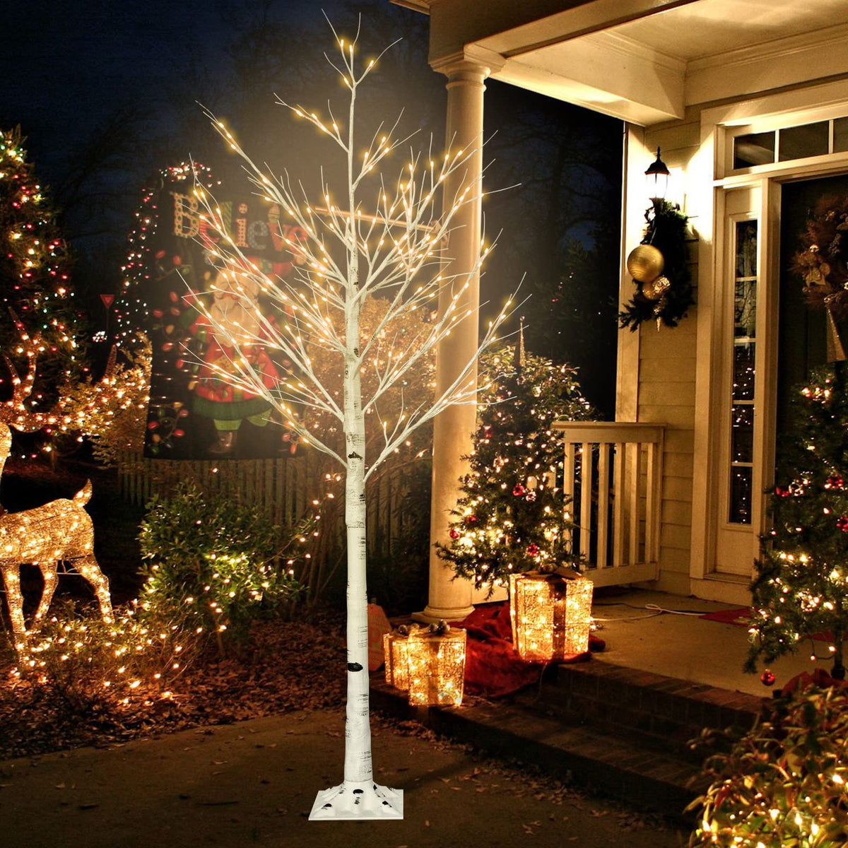 6FT Lighted Birch Tree with 160 LEDs Warm White Lights C639504