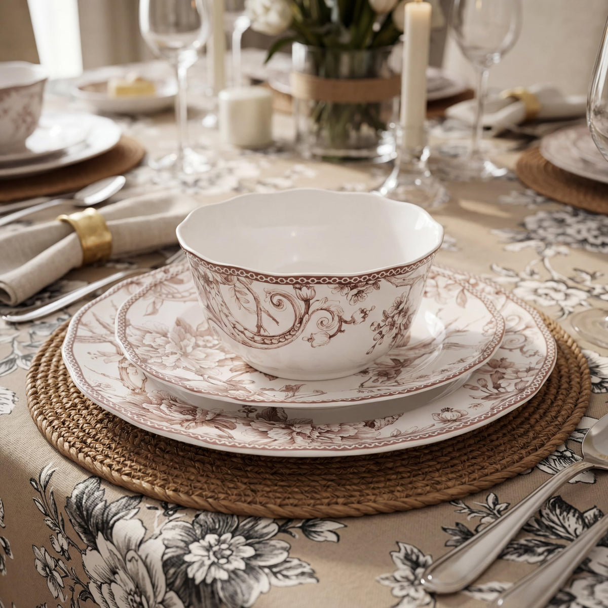 Brown on White 12-Piece Porcelain Dinnerware Set J318413