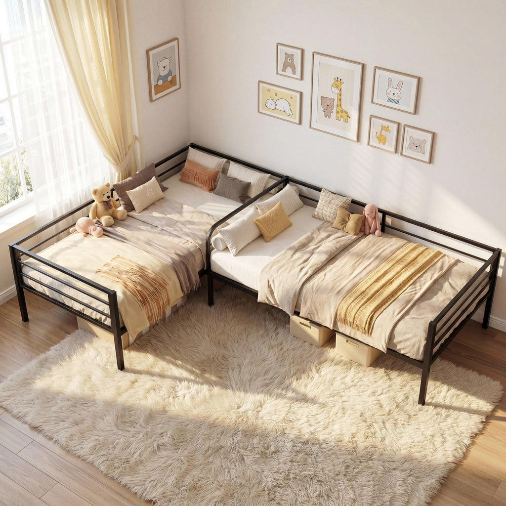 Black L Shaped Twin Beds with Rails Q83467