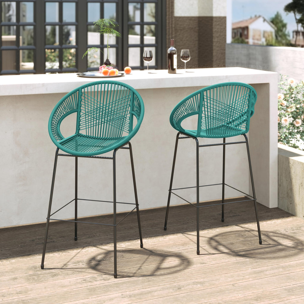 Teal Faux Wicker Outdoor Bar Stool Set of 2 P2294