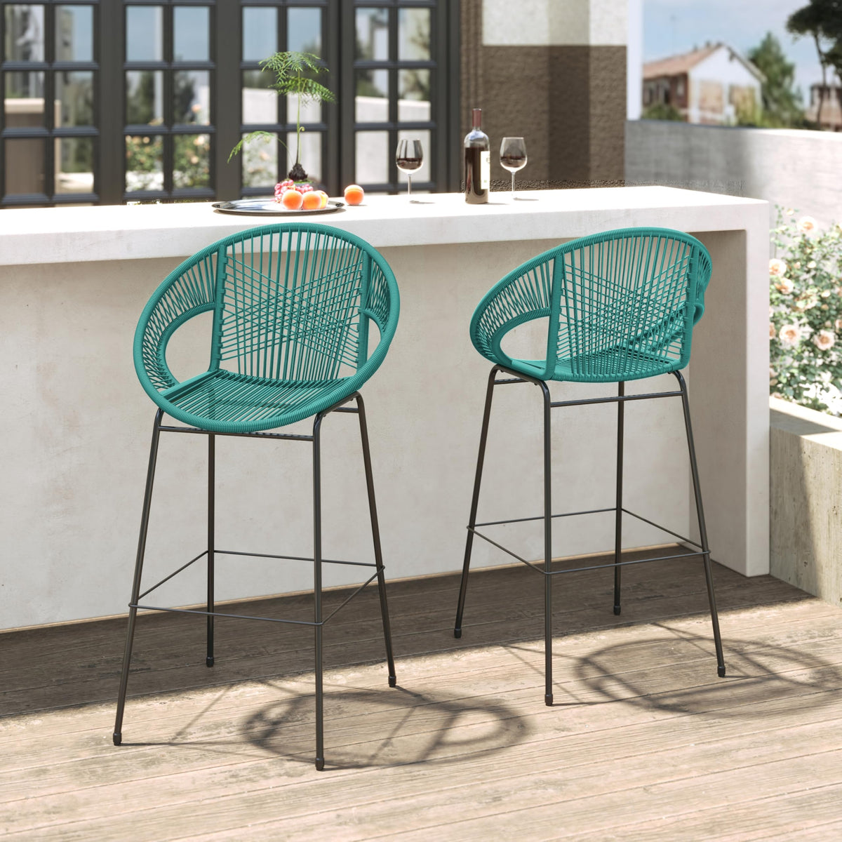 Teal Faux Wicker Outdoor Bar Stool Set of 2 P2294