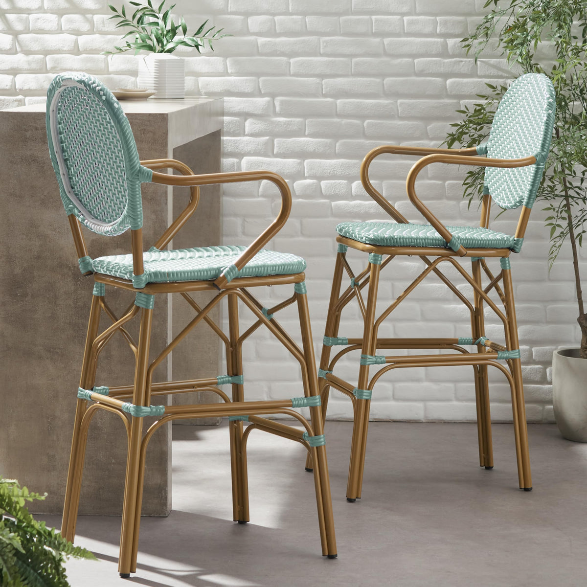 Teal Bamboo Print Wicker Aluminum Bar Stools Set of 2 W6140