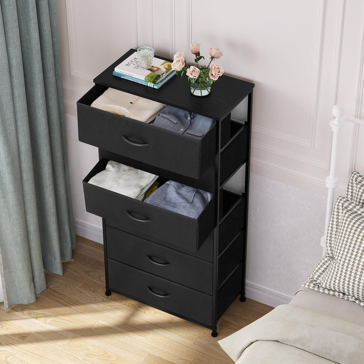 Black 6-Drawer Fabric Dresser O140434