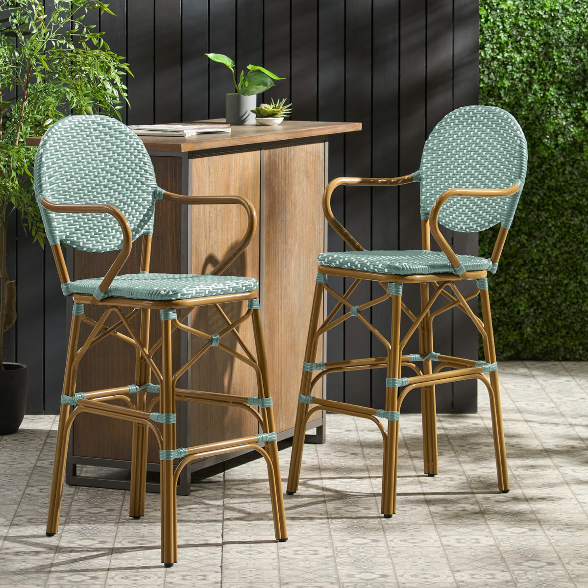 Teal Bamboo Print Wicker Aluminum Bar Stools Set of 2 W6140