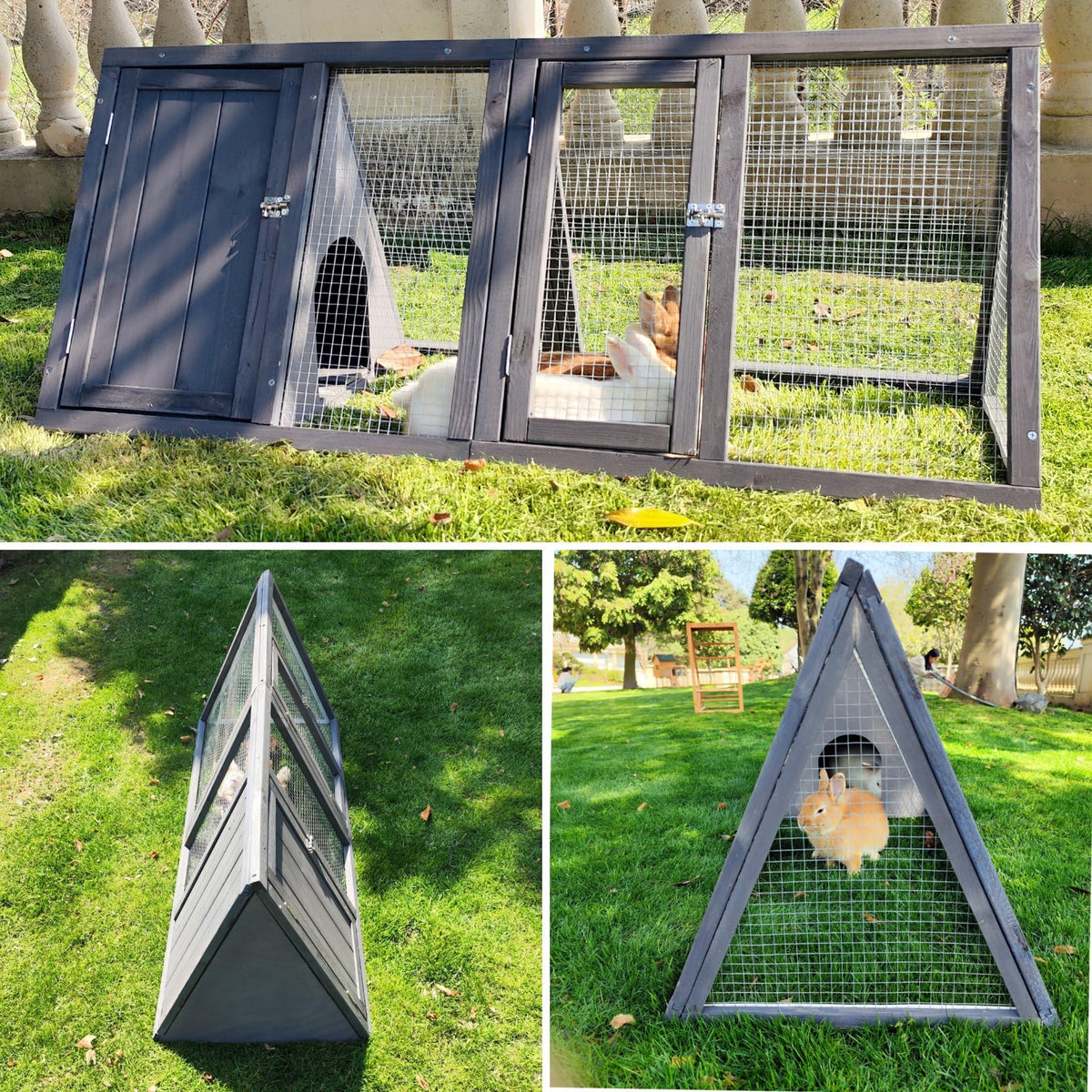 Wooden A-Frame Rabbit Hutch with Chicken Run W9274