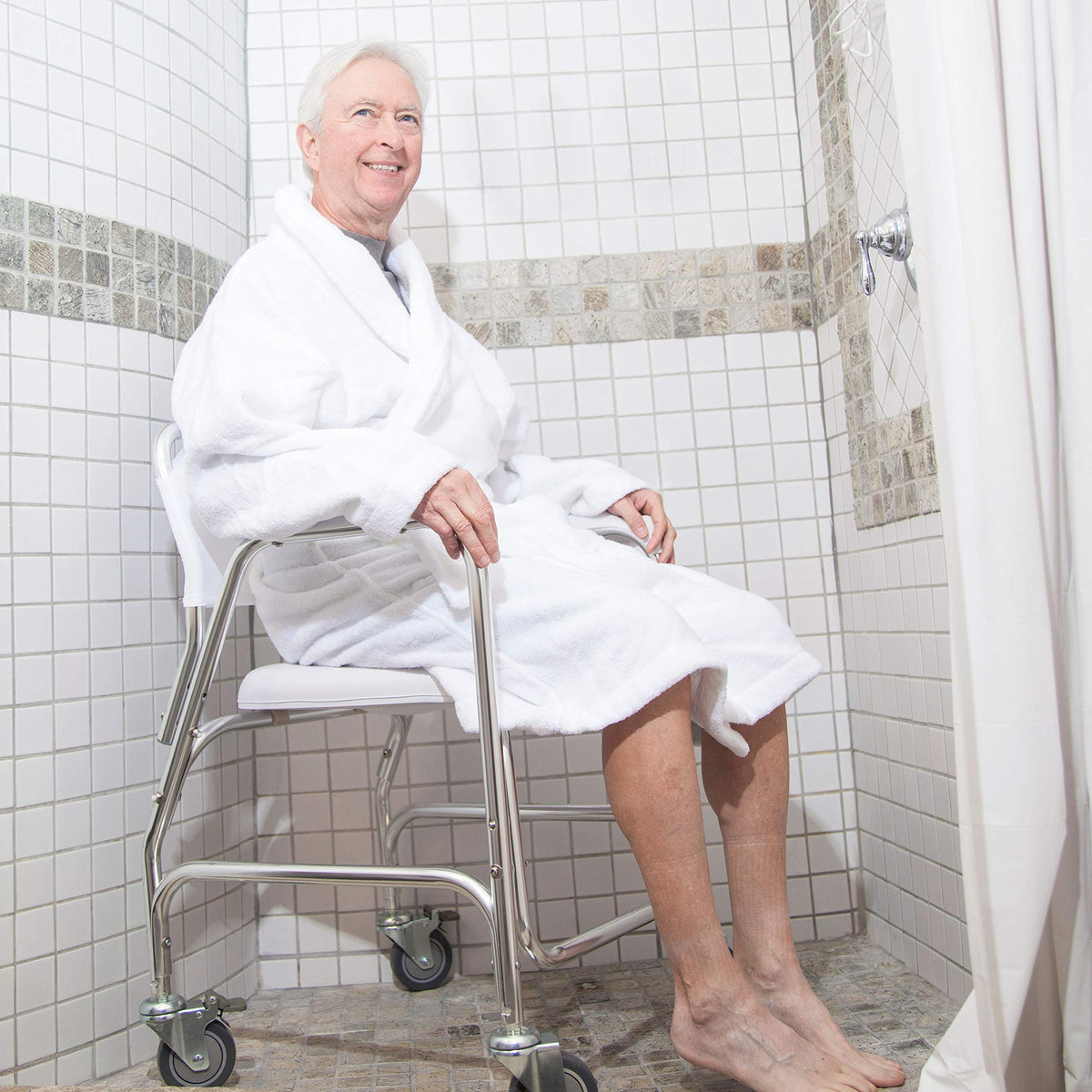 Rolling Shower Commode Chair Aluminum Frame White 250 Lb. Weight Capacity U2930