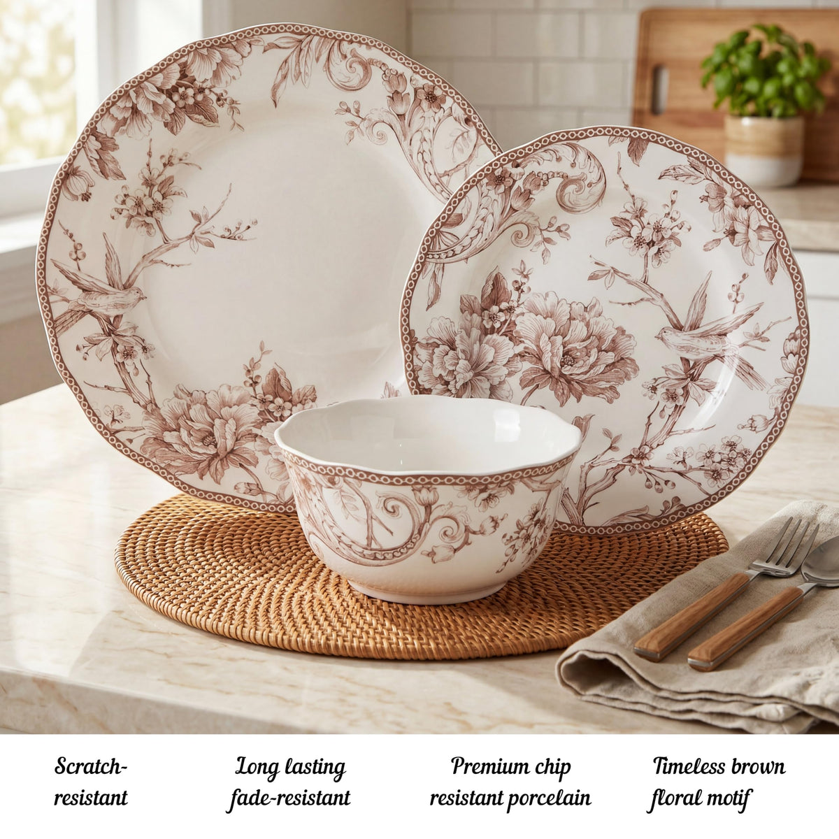 Brown on White 12-Piece Porcelain Dinnerware Set J318413