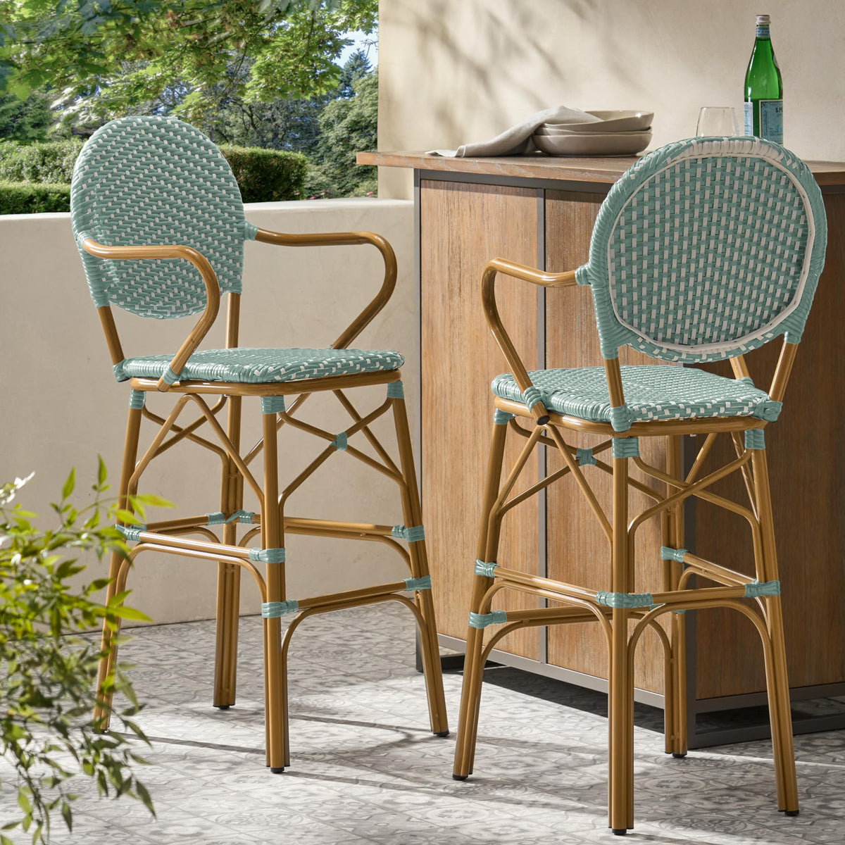 Teal Bamboo Print Wicker Aluminum Bar Stools Set of 2 T377