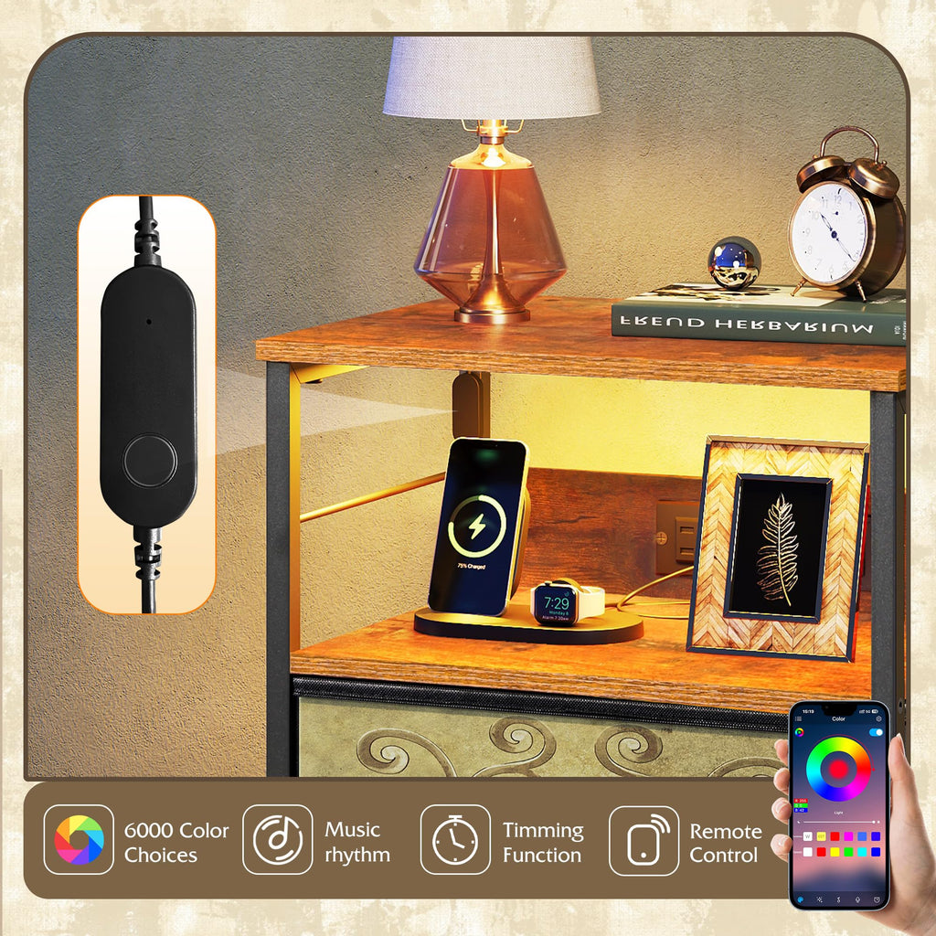 Night Stand with Charging Station, 3 Drawer Bedside Table B850