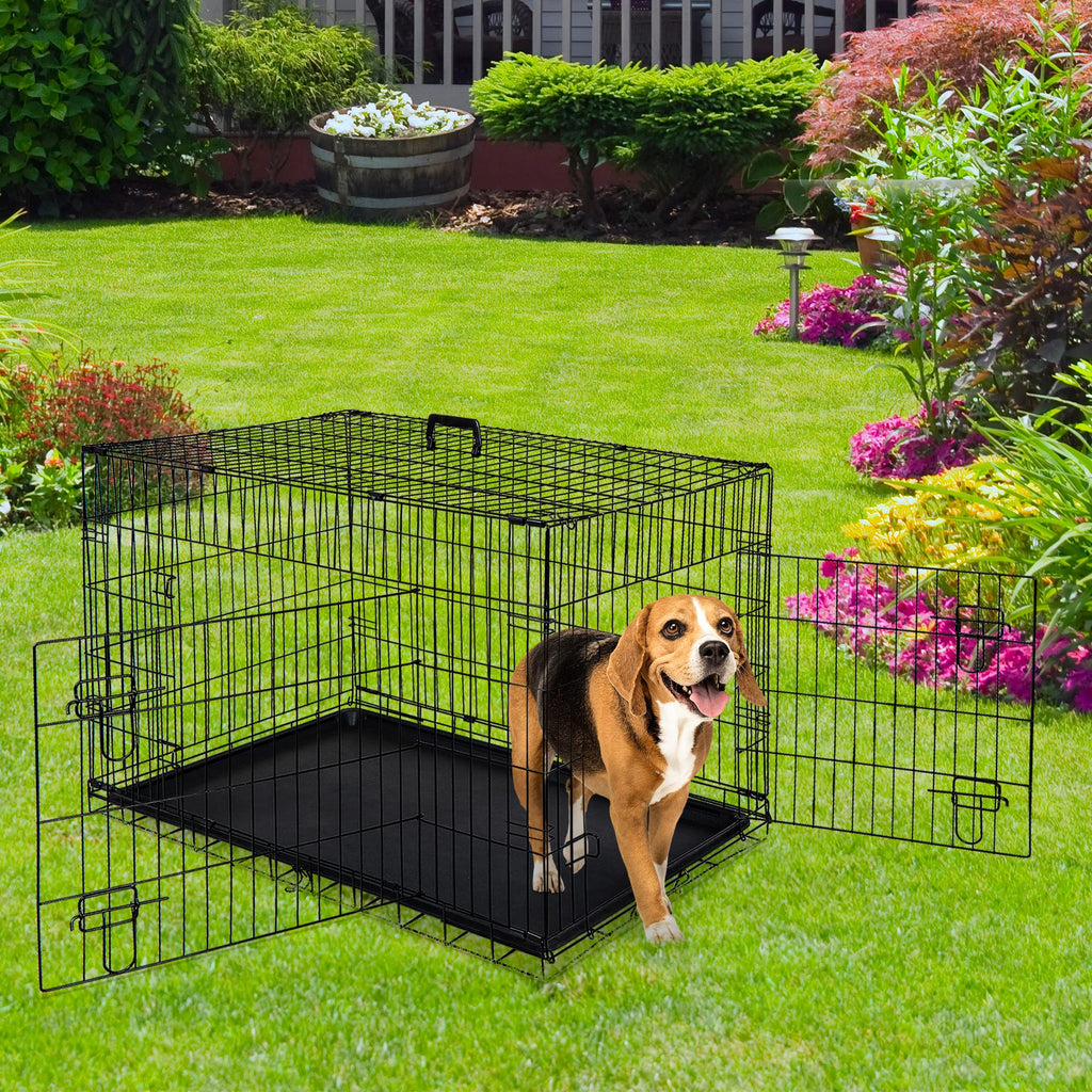 42 Inch Folding Metal Dog Crate with Tray and Handle X882757