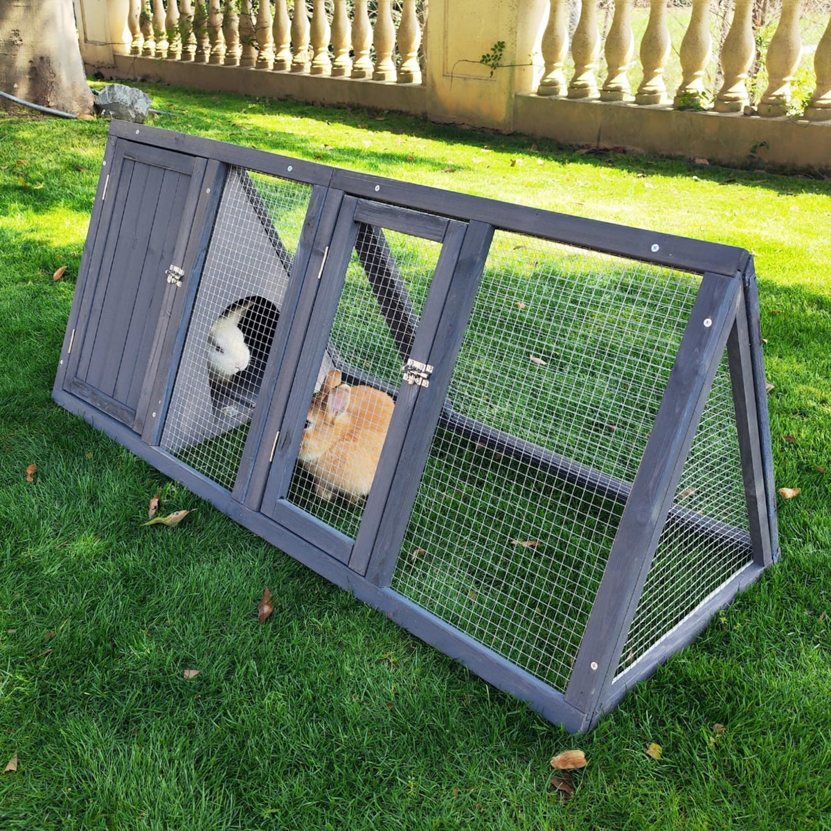 Wooden A-Frame Rabbit Hutch with Chicken Run W9274