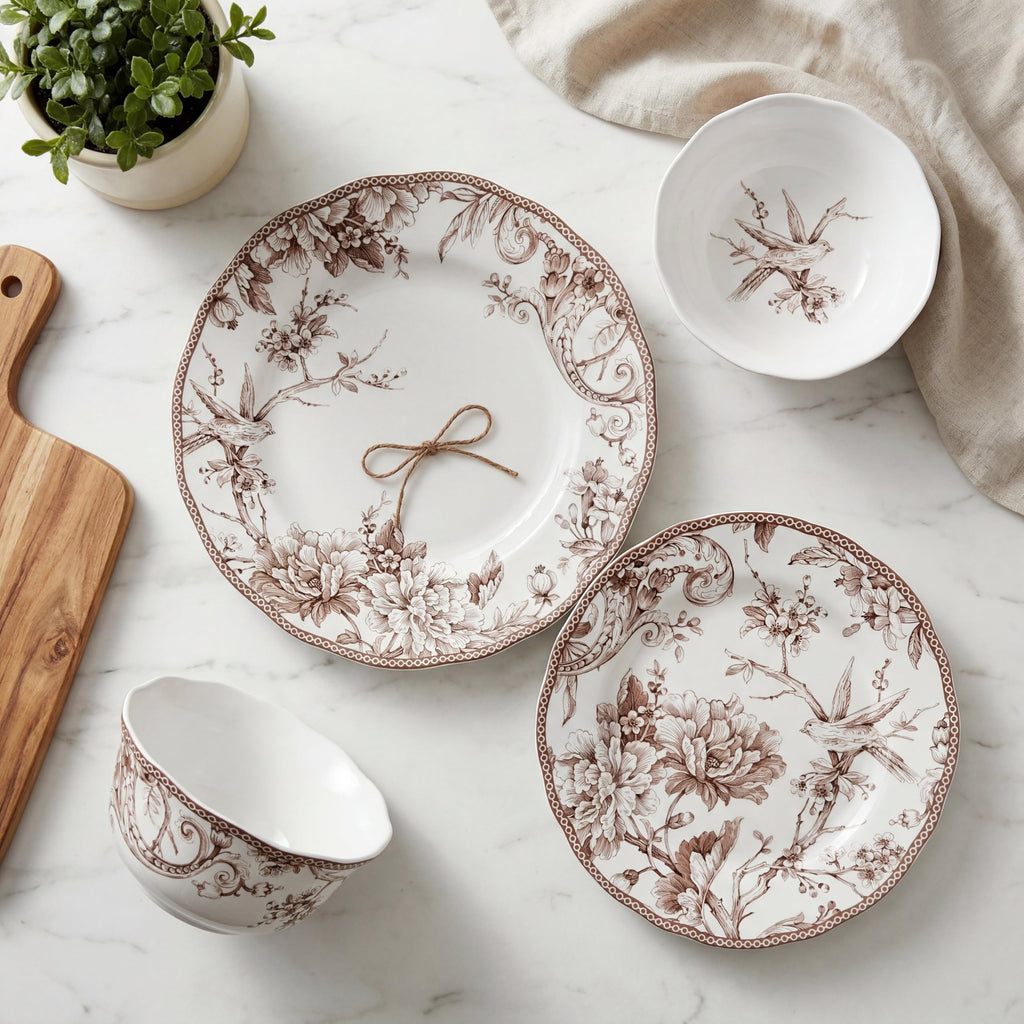 Brown on White 12-Piece Porcelain Dinnerware Set J318413